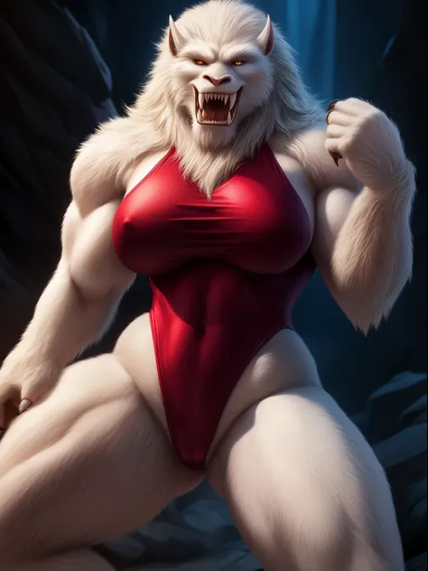 (high quality, masterpiece, realistic, 8k) solo, Woman transformed into a Yeti, Fur, Hair, (Muscular:1.2), Hard Abs, Thicc, (Busty:1.2), Sharp Teeth, Fangs, Claws, BREAK, Black highleg leotard,