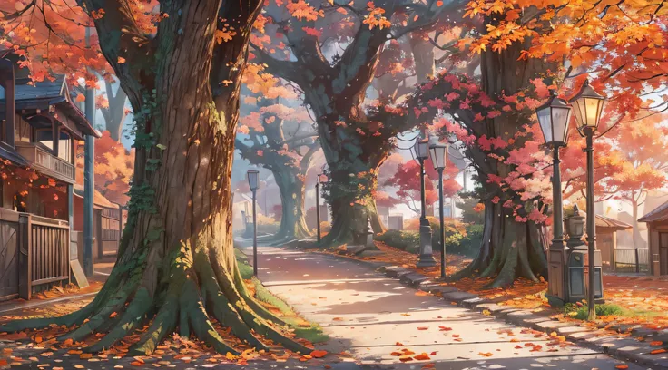 landscapes，Anime style，high-detail，high-level image quality，dead wood，dead leaves are dancing，tree-lined street，Walking trail，Colored leaves，