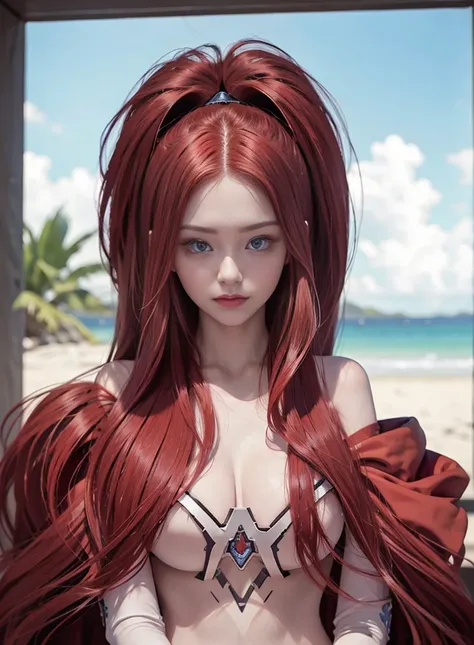 fluorescent red hair long hair，Nice face，red bikinis，Heterochromatic pupil，apathy，face expressionless，fully body photo