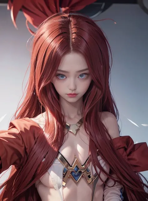 fluorescent red hair long hair，Nice face，red bikinis，Heterochromatic pupil，apathy，face expressionless，fully body photo