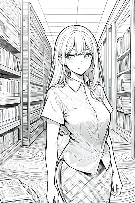 1woman, female, age 19, student, detailed eyes, quality eyes, wearing shirt, short sleeves, (UntuckedShirt:1), (masterpiece:1.2), ((best quality)), untucked shirt, wearing long pencil skirt, full body, anime line art, line art, manga, monochrome, hight qua...