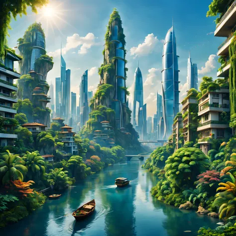 Utopian dreams,world prosperity,pursue,Detailed data,dynamicposes,vivd colour,Lush greenery,modern city scape,bright future,Multicultural,Living in harmony,peaceful society,grandiose buildings,skyscrapper,soft sun light,economic boom,Innovation & Technolog...