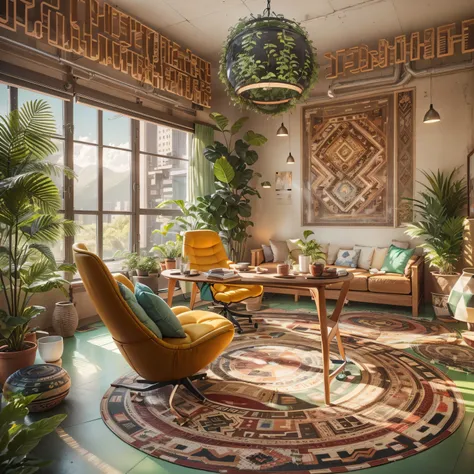 tribal style，Utopian，Afu Futurism，Postmodern，Lounge style office photos，Inside the room，cozy environment，Modern furniture，Stylish design，Maximalism，natural  lightting，vivd colour，tribal pattern，Abstract artwork，floor to ceiling window，in a panoramic view，E...