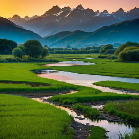 wetland　rivulets　highdensity　vivid and beautiful sunset、Best Quality、Mountains in the distance、circulate、Calm stream、gentle wind、longshot、a scene from a movie、Colors like Jodorowsky&#39;s movies、There are no people、eternal flow、real picture、delicate、Contre...