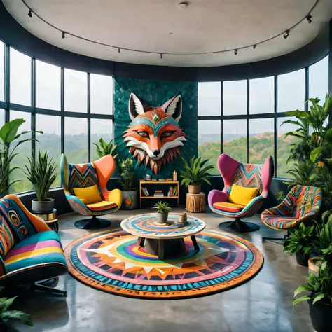 tribal style，Utopian，Afu Futurism，Postmodern，Lounge style office photos，Inside the room，rainbow hair, fox ear, Mosaic style decoration，Modern furniture，Stylish design，Maximalism，natural  lightting，vivd colour，tribal pattern，Abstract artwork，floor to ceilin...