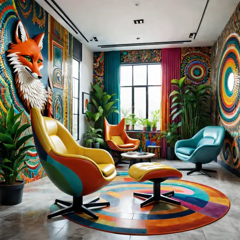 tribal style，Utopian，Afu Futurism，Postmodern，Lounge style office photos，Inside the room，rainbow hair, fox ear, Mosaic style decoration，Modern furniture，Stylish design，Maximalism，natural  lightting，vivd colour，tribal pattern，Abstract artwork，floor to ceilin...