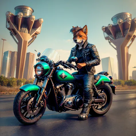 a man rides a motorcycle with a dog on his back, an anthropomorphic cyberpunk fox, sitting on cyberpunk motorbike, In Cyber City, wojtek fus, in cyberpunk city, In the style of "Mad Max", In Cyberpunk City, Cyberpunk style ， A hyper-realistic, Riding a fut...