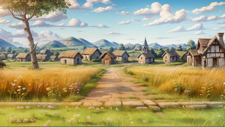 Pixar, 3d animation, 3d render, there is a painting of a rural village with a path through it, anime countryside landscape, distant village background, countryside, countryside city scene, background artwork, background art, anime background art, amazing b...