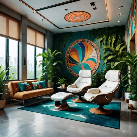 tribal style，Utopian，Afu Futurism，Postmodern，Lounge style office photos，Inside the room，cozy environment，Modern furniture，Stylish design，Maximalism，natural  lightting，vivd colour，tribal pattern，Abstract artwork，floor to ceiling window，in a panoramic view，E...