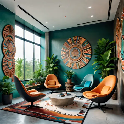 tribal style，Utopian，Afu Futurism，Postmodern，Lounge style office photos，Inside the room，cozy environment，Modern furniture，Stylish design，Maximalism，natural  lightting，vivd colour，tribal pattern，Abstract artwork，floor to ceiling window，in a panoramic view，E...