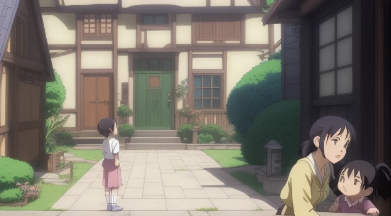 Anime scene of a woman and a child in front of the house, ghibli studio anime style, Screenshot of the animated movie, Today’s recommended anime is still, anime yulu camp, style in ghibli anime, Still from TV animation, Still from anime, In Studio Ghibli s...