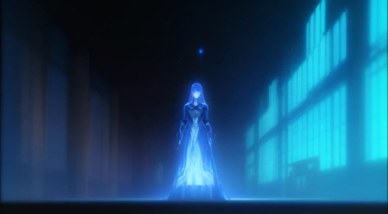 Animation scene of a woman standing in a dark room with blue light, Screenshots from the 2012 animation, Screenshot of the animated movie, A destiny anime style/overnight with, grand order of destiny, 2 0 1 9 animation screenshots, Holograms hover around h...