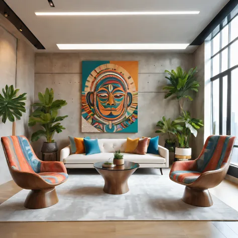 tribal style，Utopian，Afu Futurism，Postmodern，Lounge style office photos，Inside the room，cozy environment，Modern furniture，Stylish design，Maximalism，natural  lightting，vivd colour，tribal pattern，Abstract artwork，floor to ceiling window，in a panoramic view，E...