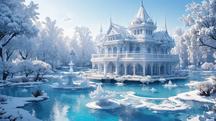 (Best quality at best,4K,8K,A high resolution,tmasterpiece:1.2),(All white world)，ultra - detailed,Blue and white tones,Utopian world,Highly detailed and intricate masterpiece，baiyun，featheredwings，radiant，fountain crystal pure white transparent gothic tra...