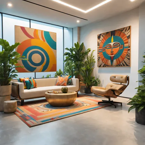 tribal style，Utopian，Afu Futurism，Postmodern，Lounge style office photos，Inside the room，cozy environment，Modern furniture，Stylish design，Maximalism，natural  lightting，vivd colour，tribal pattern，Abstract artwork，floor to ceiling window，in a panoramic view，E...