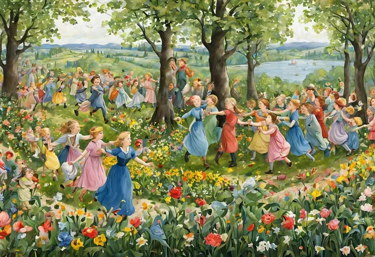 by Elsa Beskow, spring, joyful crowd, intricate, (best quality, masterpiece, Representative work, official art, Professional, unity 8k wallpaper:1.3)