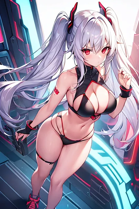 1girl, large breasts, white hair, long hair, red eyes, serious, twintails, bikini, black bikini, v-string, shoes, sneakers, neon, neon trim, ((neon trim)), futuristic, tech, machinery, science-fiction, from above, (from above)