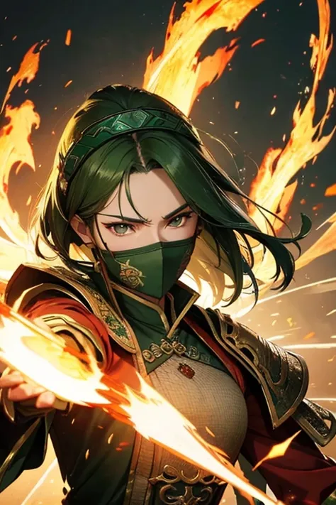 ( best quality, highres), Pang Tong (Dynasty warriors), fire, blazing, phoenix, half face mask