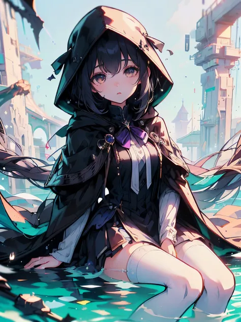 (Best quality, tmasterpiece:1.4), Extremely detailed 8K unified CG wallpaper, A high resolution, (style of anime, 2d ）cabelos preto e longos，female student，White eyes，Black-purple cloak，Wearing a hood，Sit on the water，White stockings，floating aqua droplets...