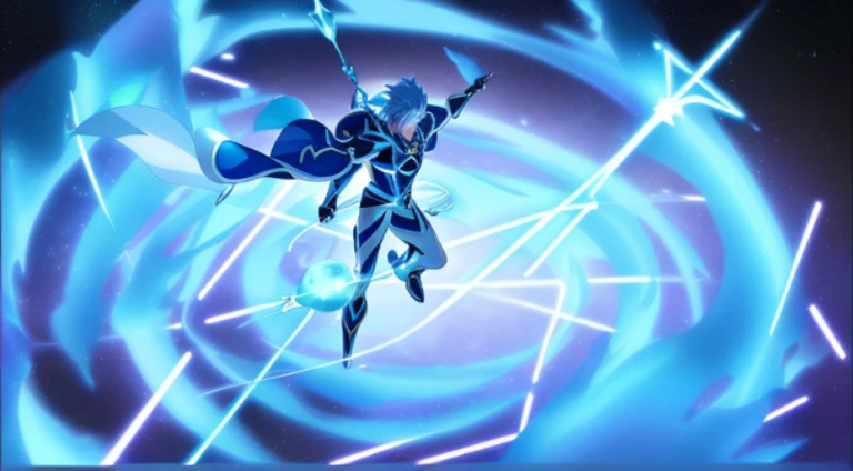 a close up of a person holding a sword in a space, Screenshots from the 2012 animation, This character has the ability to freeze, Epic animation of Energy Man, 2 0 1 9 animation screenshots, A giant celestial god, reincarnated as a slime, flying anime espe...