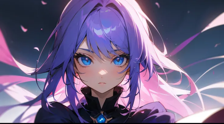 beautiful anime girl with violet hair and blue eyes