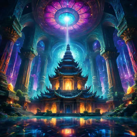 vivd colour, Charming atmosphere, mystical ambiance, ethereal environment,Fantasy temple in a utopian world, otherworldly shapes, A surreal vision of reality, kaleidoscope of colors, Complex patterns and textures, abstract forms and graphics, Imaginative l...