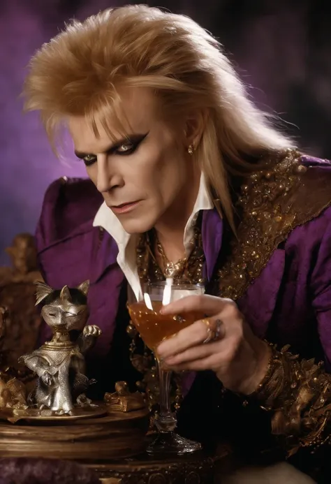 A photo of Jareth, the Goblin King, elegantly sipping from a shimmering goblet filled with a mystical elixir,Labyrinth,Jareth has long spiky blonde hair, purple eyeshadow with cat-eye eyeliner, wears a frilly shirt and tight pants, and a high open collar. ...