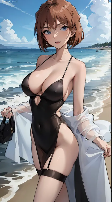 1个Giant Breast Girl, Brown hair,short detailed hair,eBlue eyes,full bodyesbian,Wearing black transparent dress with translucent cloth, V-chest clothes, see-through cloth, flowing salmon silk, translucent silky dress, flowing magical flesh robe, translucent...