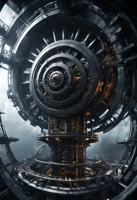 （very unified cg scene design），（giant sci-fi elevator to outer space），complex structure，gear wheel，titanium alloy，sophisticated ...