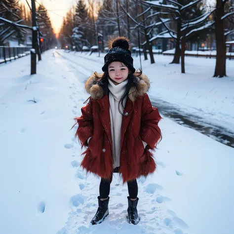 Winters，There is a little girl wearing a red fur coat in the snow