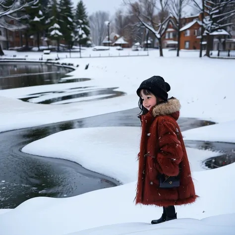 Winters，There is a little girl wearing a red fur coat in the snow