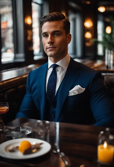 A photo of Finance Bro enjoying a high-end brunch at a chic restaurant in Manhattan,original,30 years old, masculine, near comb over hair, wears a navy suit with a tie, walks around New York City , male