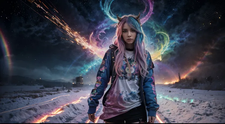 (masterpiece, top quality, best quality,watercolor (medium),official art, beautiful and aesthetic:1.2),(1girl:1.3), (fractal art:1.3),full body, looking at viewer,patterns,(rainbow color Hair,colorful hair,half blue and half pink hair:1.2), Movie Light, (H...