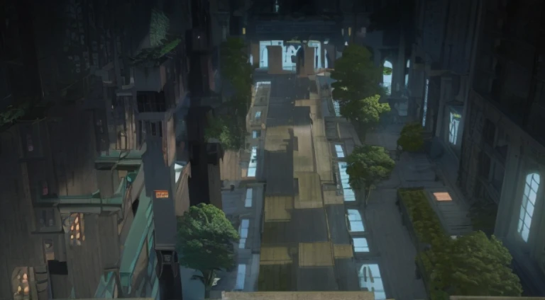 There were a lot of tables and benches in the room，There is a clock, RPG scenario, Anime landscape concept art, boromir in an anime world, forest city streets behind her, Greengar, anime scene, beautiful anime scenes, immensely detailed scene, cutscene cli...