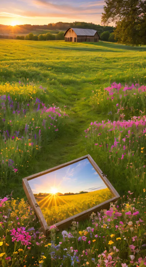 spring meadow scene, rustic barn in field, flowers in foreground in rustic style box, 14mm, at sunrise