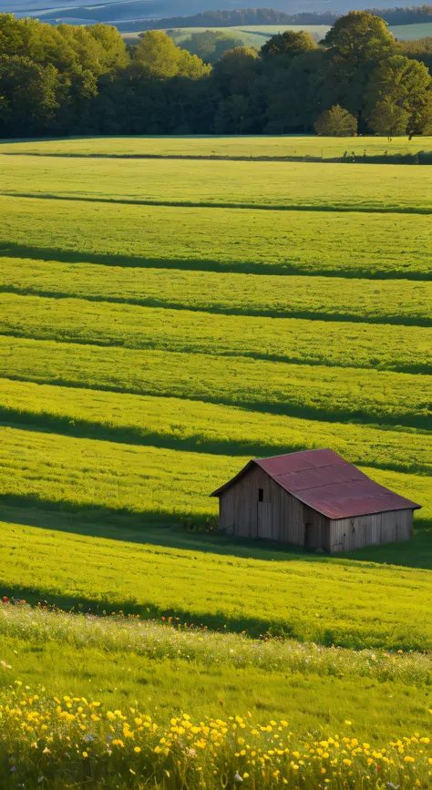 spring meadow scene, rustic barn in field, flowers in foreground in rustic style box, 14mm, at sunrise