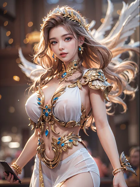 (((goddes)))8K high image quality、masutepiece、Ultra-realistic details、3d rendered、Sexy costume with wide open chest、Detailed body、Detailed chest、A detailed face、Detailed hand、Smile with a kind face、Bright light shines、Blur the background、