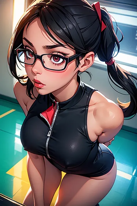 European woman, 30 years old, There is an adult woman in a School gymnasium, SportWears, on stands, On her knees , Sucking A Big Black Skin tone Cock, Big Black Penis, glasses, Dark hair, red lips, Eye shadow, slutty makeup, Pigtails , beautiful chest, big...