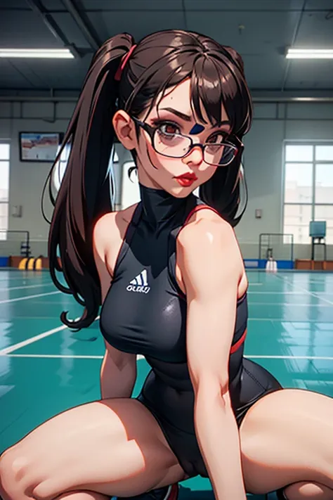 European woman, 30 years old, There is an adult woman in a School gymnasium, SportWears, on stands, On her knees , Sucking A Big Black Skin tone Cock, Big Black Penis, glasses, Dark hair, red lips, Eye shadow, slutty makeup, Pigtails , beautiful chest, big...