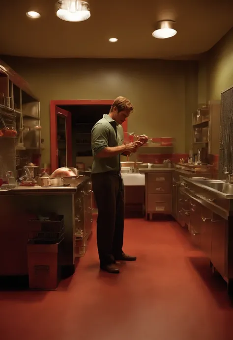 A photo of Dexter carefully setting up his kill room,original,michael c hall, male