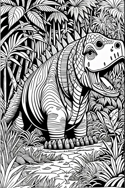 Coloring page for kids, tyranosaurus rex in a jungle, cartoon style, thick lines, low detail, no shading --auto --s2