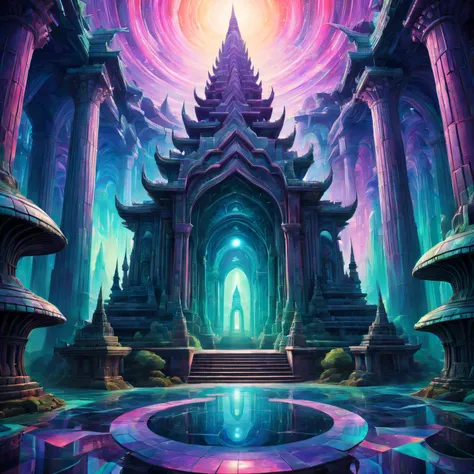 trippy art，Abstract style，Fantasy temple in a utopian world,Irridescent color