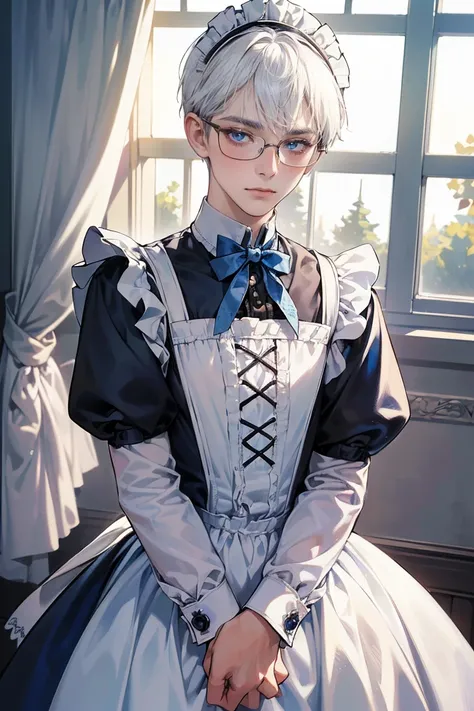 (absurdres, highres, ultra detailed)((16 year old male with short white hair, blue eyes, wearing eyeglasses, wearing a maid outfit), crossdressing, blushing male, (background: warm lighting from windows, victorian mansion)