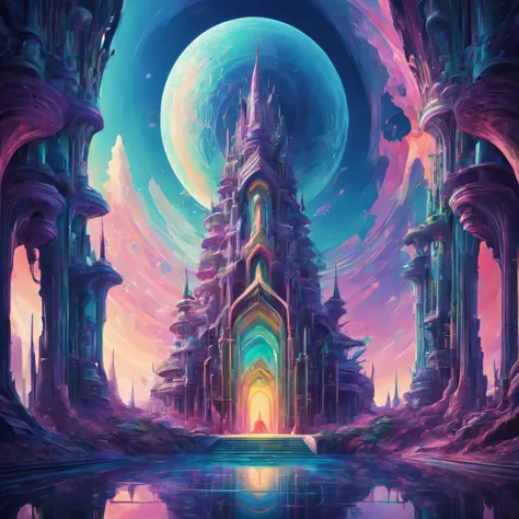 trippy art，Abstract style，A futuristic fantasy temple in a utopian world,Irridescent color