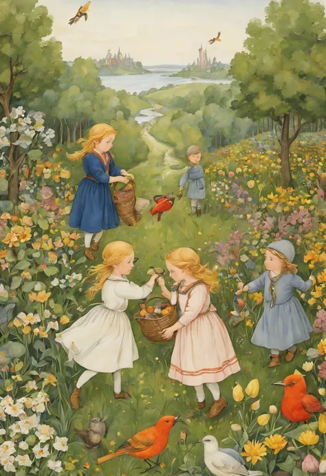 by Elsa Beskow, spring, intricate, (best quality, masterpiece, Representative work, official art, Professional, unity 8k wallpaper:1.3)