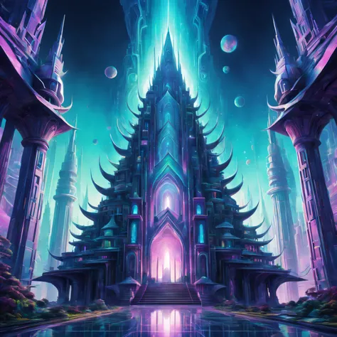 trippy art，Abstract style，A futuristic fantasy temple in a utopian world,Irridescent color