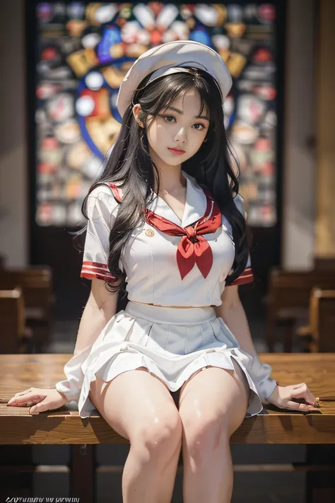 Draw only one woman, Beautiful 18 year old Japan woman, High school girl in short sleeve sailor suit, Japan strict girls school sailor uniform,  High school girl pretending to be sitting in church pews, Beautiful and elaborate stained glass on the backgrou...