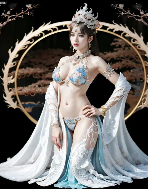 (heavy breasts)、top-quality、​masterpiece、超A high resolution、（Silver Dragon Armor）、(((Colossal tits))),dragon armor、(((large floral ornament on the head))),(((Detailed Micro Bikini))),(Wearing a beautiful crown made of jewels),(Photorealsitic:1.4)、Raw photo...