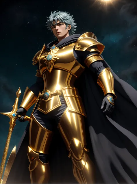 Saint Seiyan the return of the saint, Saint Seiya, knights of zodiac girl, Deus. dramatic gold blue lighting, portrait knights of zodiac girl, joseph joestar, unreal motor render Sao Seiya, cetro, Deus grego no estilo mecha, usando armadura dourada, deus i...