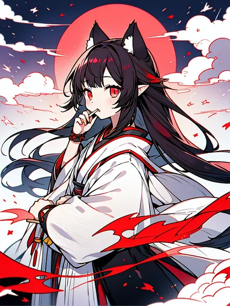 high-level image quality、girl with、14years、Black Long Hair、red eyes、White Japanese Clothing、natta、Luminous Eyes、(Cats ears)、Red Moon、Red moonlight、cigarette